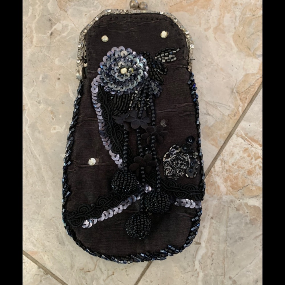 NWOT Vintage Katherines C Embroidered Black Beaded Hand Design Coin Wallet/Purse